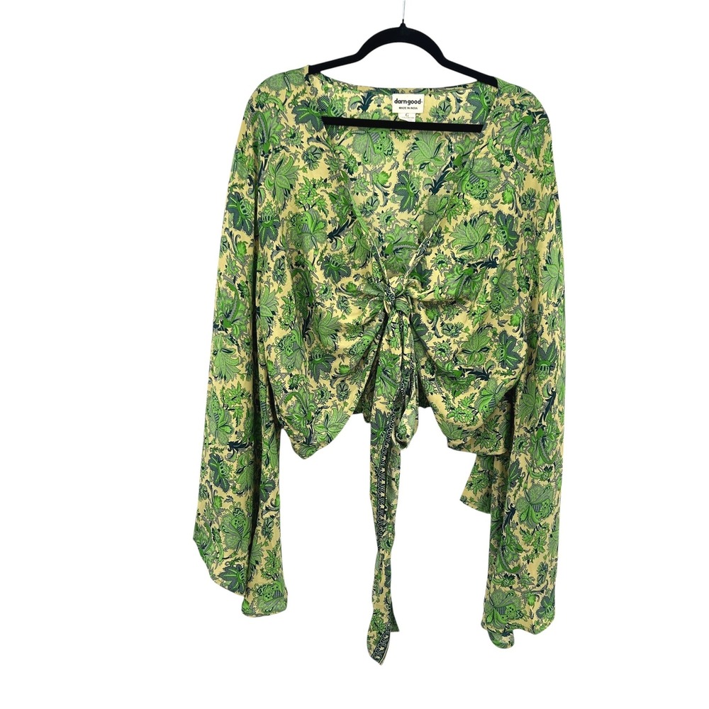 Silk Tie Front Crop Blouse Bell Sleeve L Green Floral Boho Indie Fairy Festival